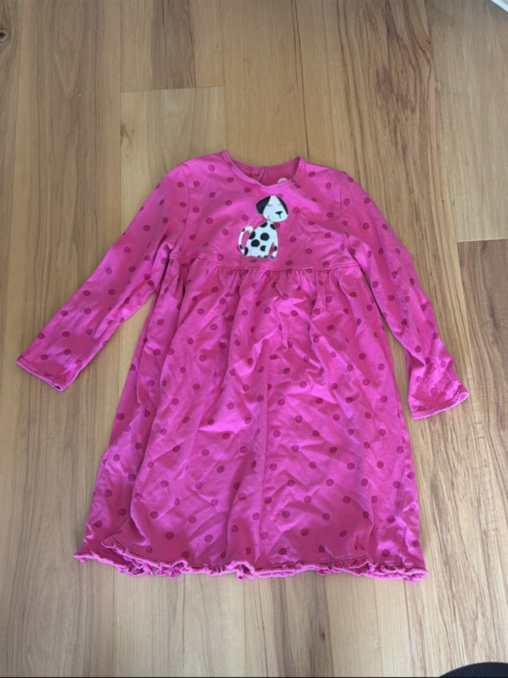 J. Khaki Cotton Tonal Pink Polka Dots & Dogie Appliqué Long Sleeve Dress. Sz 5